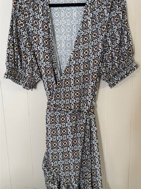 Boden Black and Cream Floral Wrap Dress with Gold Accents
